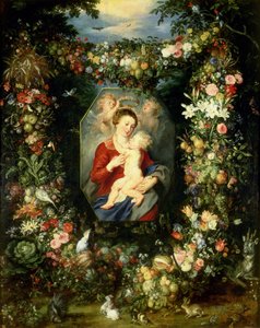 Jomfruen og barnet i en krans af frugt og blomster, ca. 1614-18
