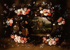 Blomsterkrans, der omkranser en medaljon, der repræsenterer Nicolas de Man foran hans ejendom i Antwerpen, 1653
