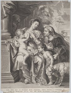 Den hellige familie med Elizabeth og spædbarnet Sankt Johannes Døberen, Jomfruen, der ammer spædbarnet Kristus, ca. 1635-42 af Jan Witdoek
