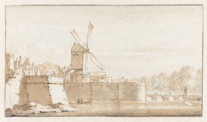 Udsigt over Rembrandts vindmølle, voldene ved Morspoort og Pelican højborg