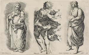 Tre unavngivne figurer efter tre italienske kunstnere (radering på lagt papir med vandmærke til våbenskjold) af Jan de Bisschop