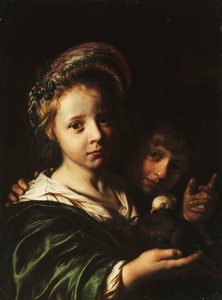 En pige, der holder en due og en dreng, der gestikulerer, 1652