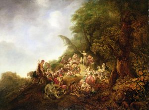 Johannes Døberen prædiker for en skare (olie på træ) af Jan or Joan van Noordt