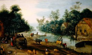 Et skovklædt flodlandskab om sommeren med rejsende, der ankommer til en kro (olie på panel) af Jan the Elder (circle of) Brueghel