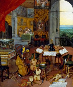 Detaljehøring, der repræsenterer musikinstrumenter (cello, violin, lut, fløjte, cembalo). Maleri af Jan Brueghel Le Vieux kalder Brueghel de Velours (Brueghel eller Brueghel af Jan the Elder Brueghel