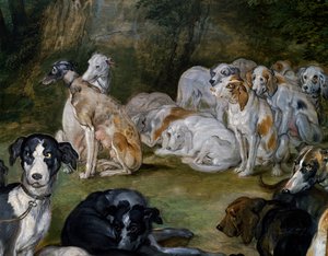 Hunde, detaljer fra Diana og Nymphs på tidspunktet for at forlade af Jan the Elder Brueghel