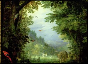 Jorden eller Det jordiske paradis, detalje af Adam og Eva med Gud og andre dyr, 1607-08 olie på kobber detalje af 93899