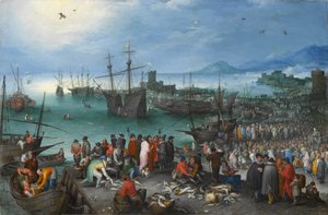 Havnescene med St. Pauls afgang fra Cæsarea, 1596 (olie på kobber)