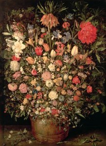 Stor buket blomster i en træbalje af Jan the Elder Brueghel