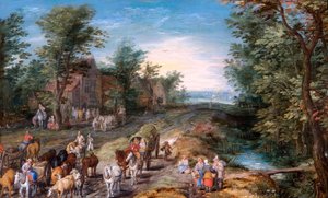 Vejscene med rejsende og kvæg, ca. 1611 (olie på egetræspanel) af Jan the Elder Brueghel