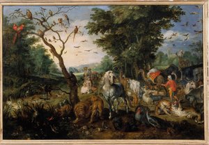 Bordingen af dyr i Ark of Noe Maleri af Jan Bruegel (eller Breugel eller Brueghel eller Breughel), den tidligere kendt som Bruegel de Velours (1568-1625) 1600-tallets Orleans, Musee des Beaux Arts - Dyrenes indtog i Noahs Ark Maleri af Jan af Jan the Elder Brueghel