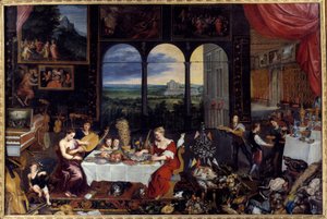 Smagen, hørelsen og berøringen. Allegori om de fem sanser En rig families måltid: fjerkræ og skaldyr (inklusive østers) udgør banketmenuen. Maleri af Jan I Brueghel Dit De Velours (1568-1625) Ec. Flam af Jan the Elder Brueghel