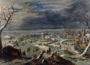 Et vinterlandskab med skatere på en frossen vandvej ved en landsby, en jæger i forgrunden, Antwerpen hinsides,