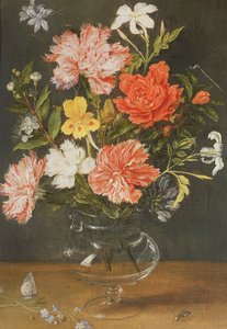 Stilleben af nelliker og andre blomster