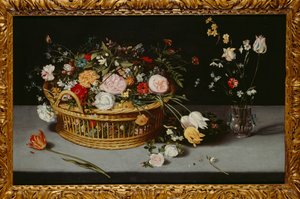 Stilleben med kurv og vase med blomster (olie på lærred)