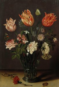 Tulipaner med andre blomster i et glas på et bord af Jan Brueghel the Younger