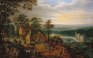 Landsbygade med figurer og vogne, et moated slot i baggrunden af Jan Brueghel the Younger