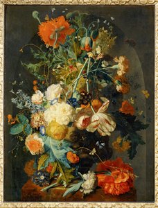 Vase med blomster i en niche ... af Jan van (follower of) Huysum