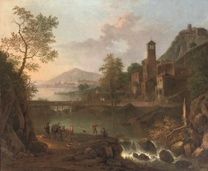 Et italiensk flodlandskab med en muldyrdriver og lystfiskere, en by på en bakketop bagved (olie på lærred) af Jan van (studio of) Huijsum