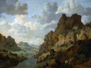 Hollandsk: Bjerglandskab med hvilende rejsende Klippelandskab. af Jan van Aken