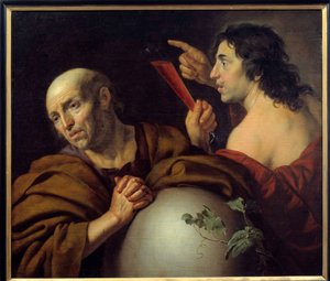 Heraklit og Demokrit De græske filosoffer Heraklit fra Efese (Heraklit) (535-475 f.Kr.) og Demokrit (Demokrit) (460-370 f.Kr.). Maleri af Jan van Bijlert (1597-1671) 1600-tallets Utrecht. Centralmuseet