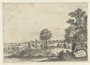 Landskab med to mænd på en grusvej og udsigt til en landsby Landskaber (serietitel) af Jan van Brosterhuyzen
