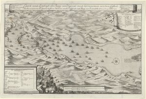 Slaget ved bugten ved Vigo og erobringen af ​​den spanske sølvflåde, 1702 Caarte vande Landingh i Vigos-bugten som en del af erobringen af ​​to Casteels og erobringen af ​​den spanske sølvflåde forankret i Baay for Redondella den