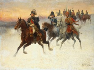 Marshal Ney og Napoleon og deres tropper under det russiske felttog (olie på lærred)