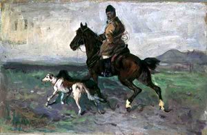 Rytter med Greyhounds, ca. 1890 (olie om bord)