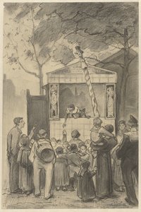 Tilskuere foran et dukketeater af Jan van Essen (possibly)