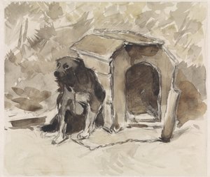 Hund, der sidder i snor foran sin kennel