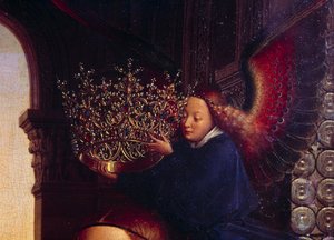 En engel, der kroner Jomfruen. Detalje af "" Jomfruen af kansler Rolin""" Nicolas Rolin (1376-1461) var kansler i Bourgogne under Philippe Le Bon og grundlægger af Hospices de Beaune i 1443. Maleri af Jan van Eyck (1390-1441) af Jan van Eyck