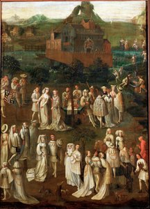 Hofsocietet foran et burgundisk slot (olie på træ) af Jan van Eyck