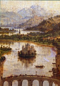 Landskab”” Detalje af “” Jomfruen af kansler Rolin””” Nicolas Rolin (1376-1461) var kansler i Bourgogne under Philippe Le Bon og grundlægger af Hospices de Beaune i 1443. Maleri af Jan van Eyck (1390-1441) af Jan van Eyck