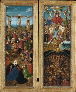Korsfæstelsen; The Last Judgment, c.1440-41 (olie på lærred overført fra træ) af Jan van Eyck