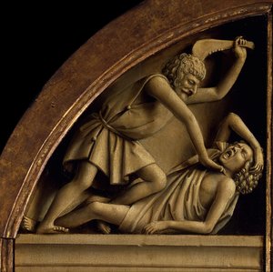 Gent-altertavlen. Tilbedelse af det mystiske lam: Kain dræber Abel, 1432. af Jan van Eyck