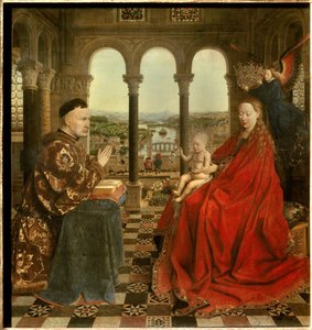 Jomfruen af kansler Rolin Nicolas Rolin (1376-1461) var kansler i Bourgogne under Philippe Le Bon og grundlægger af Hospices de Beaune i 1443. Maleri af Jan van Eyck (1390-1441). 15. århundrede søn. 0,66x0,62 m Paris, - Jomfruen af Kansler R af Jan van Eyck