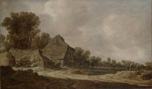 En sandvej med stråtækte hytter af Jan van Goyen