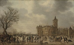 Et vinterlandskab med figurer, der desporterer på isen ved slottet Montfoort af Jan van Goyen