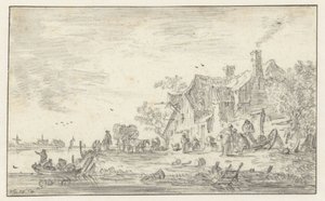 Gård ved bredden af ​​en flod af Jan van Goyen