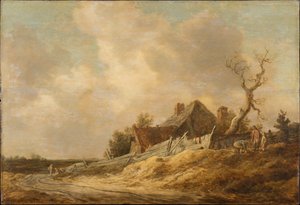 Grusvej med gård og bræddehegn