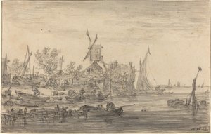 Forstrandscene med vindmølle af Jan van Goyen