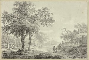 Mand og dreng går ned ad landsbyvej af Jan van Goyen