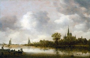Flodlandskab med en kirke i det fjerne af Jan van Goyen