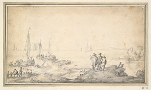 Tre figurer på en klit med udsigt over bugten med skibe af Jan van Goyen