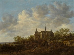 Udsigt over en landsby med en stor gotisk kirke af Jan van Goyen