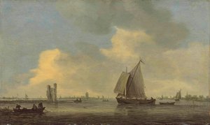 Udsigt over floden Merwede og ruinen af Huis te Merwede; i baggrunden Dordrecht