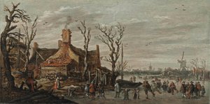 Vinterlandskab med figurer på isen nær et sommerhus af Jan van Goyen