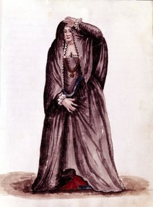 En venetiansk kurtisane i det 18. århundrede. Akvareltegning og blæk fra manuskriptet "Venitianernes skikke"" af Jan van Grevenbroeck (eller Giovanni Grevembroch (Grevenbroch) (1731-1807) af Jan van Grevenbroeck