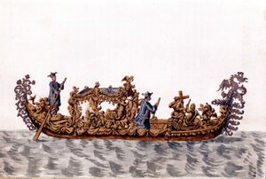 En kongelig gondol. Akvareltegning og blæk fra manuskriptet "Venitianernes skikke"" af Jan van Grevenbroek (eller Giovanni Grevenbroich (Grevenbroich) (1731-1807) af Jan van Grevenbroeck